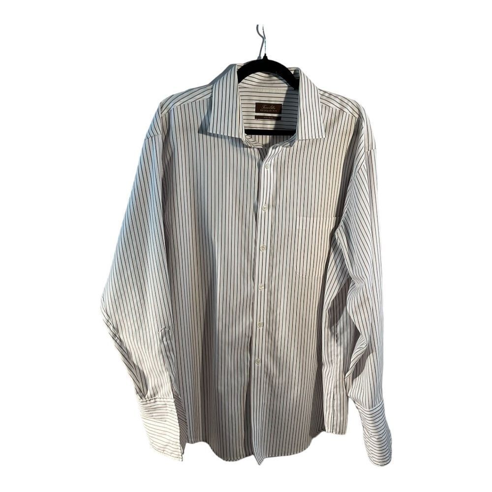 Tasso Elba Mens Size XL White Blue Brown Striped Long Sleeve Button-Up Shirt